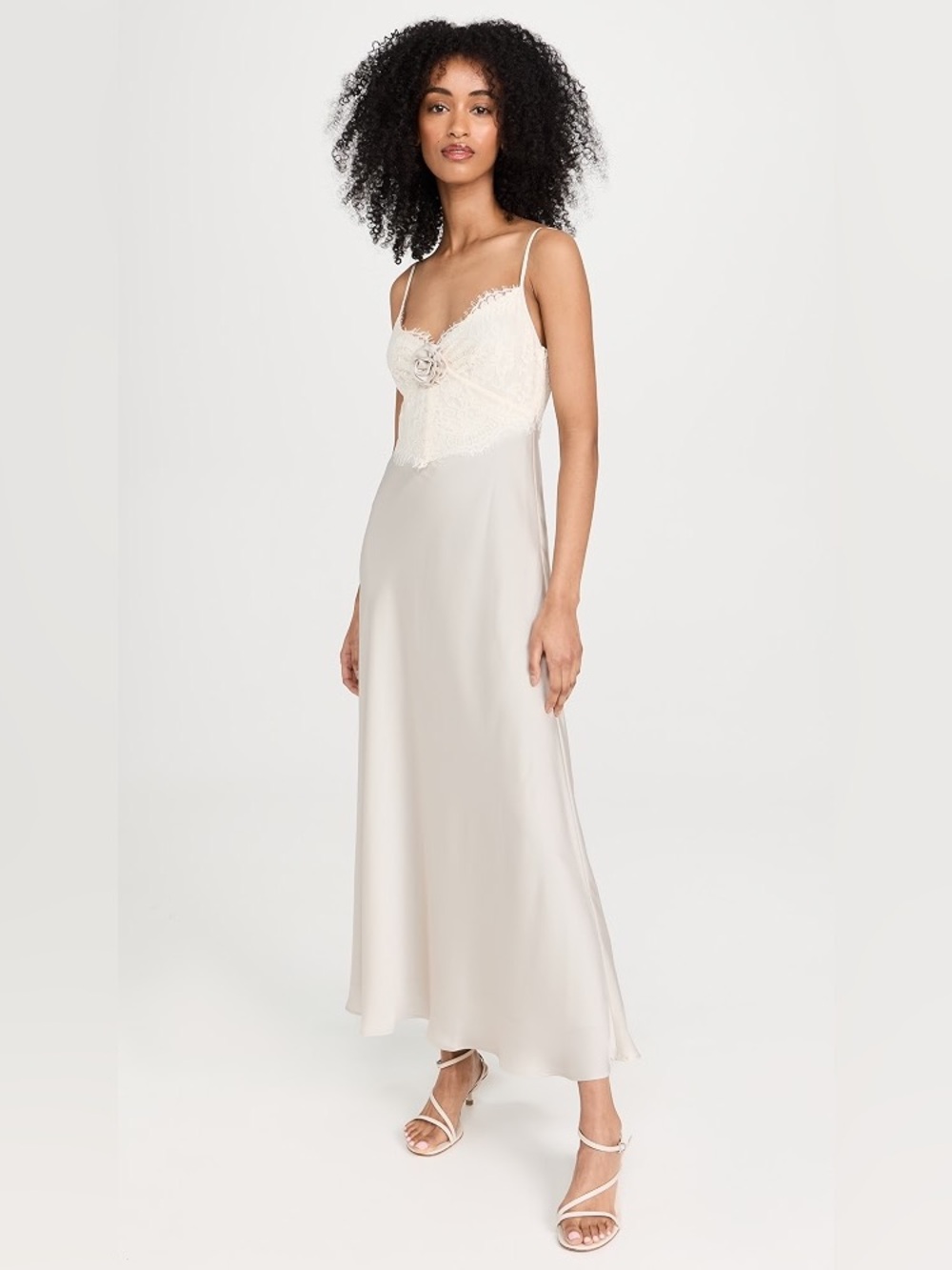 Wayf NWOT Sexy Gray Silk Satin White Floral Lace Rose V Neck Slip Dress (Large)